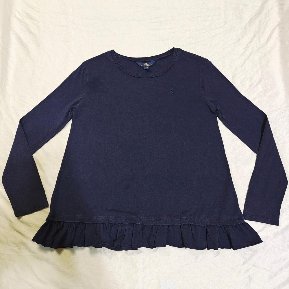 Polo Ralph Lauren Girls L (12-14) Navy Blue Ruffle Hem Long Sleeve Top Shirt